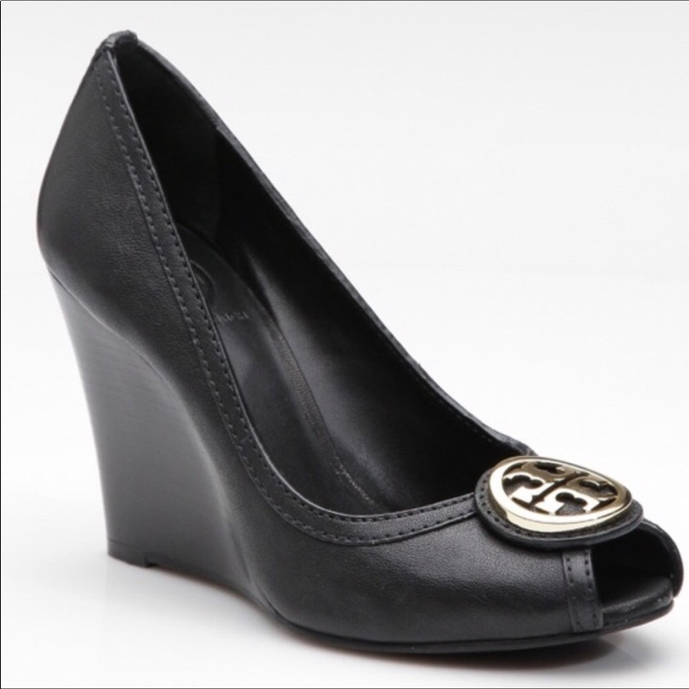Tory Burch Sally 2 Peep-toe Wedge Heels Shoes 8 M Black